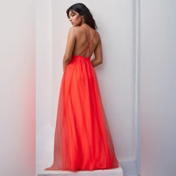 NWT PromGirl Long Open-Back Formal Tulle Prom Dress Red Deep Slit Sides Ballgown - Picture 2 of 9